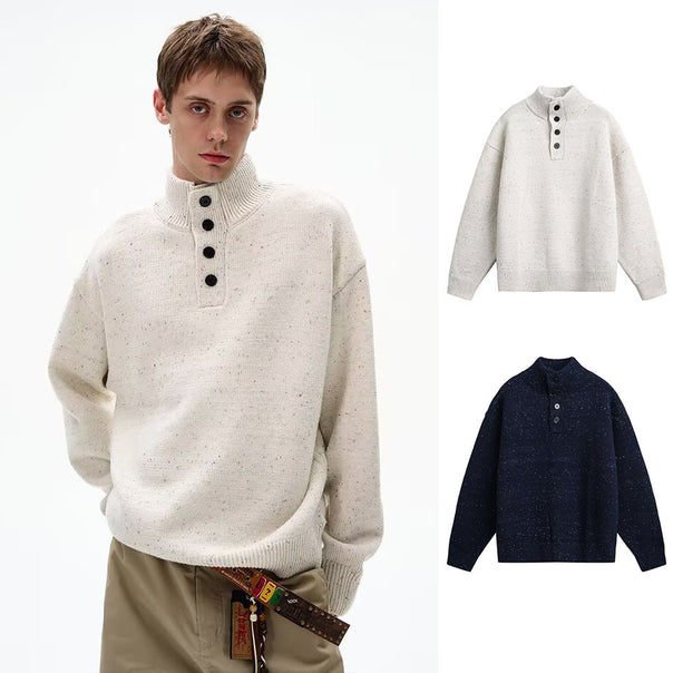 Men's chunky knit pullover with stand-up collar and button detail Mune Fashion