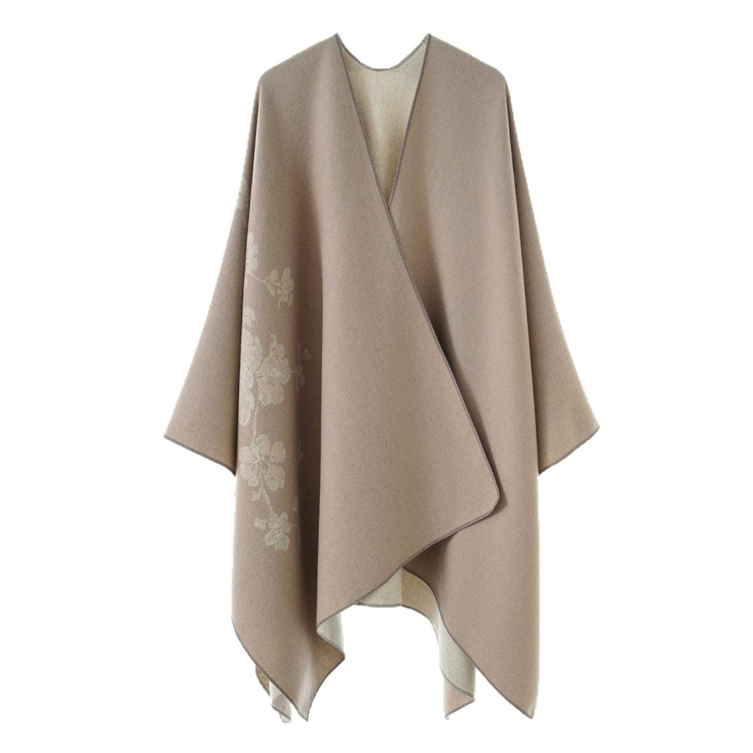 Ladies Open Reversible Wool Blend Cape with Floral Jacquard Pattern