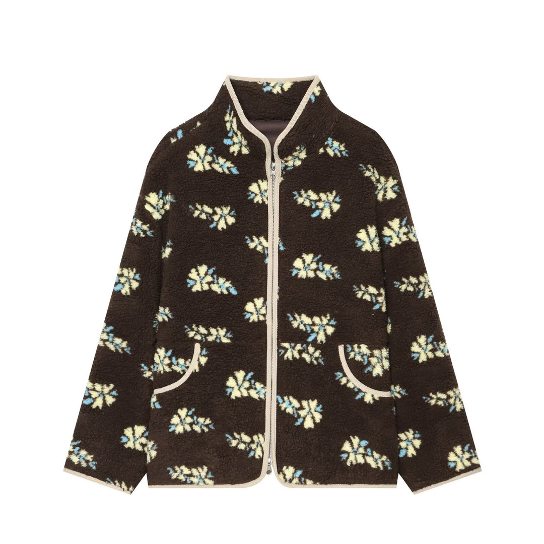 Women's teddy fleece jacket with floral allover pattern, stand-up collar and zipper Mune Fashion