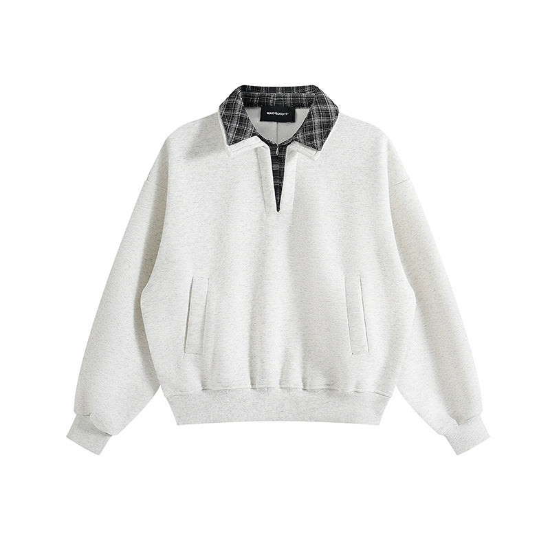 Unisex layered look sweatshirt with sewn-in check collar and side pocket openings Mune Fashion
