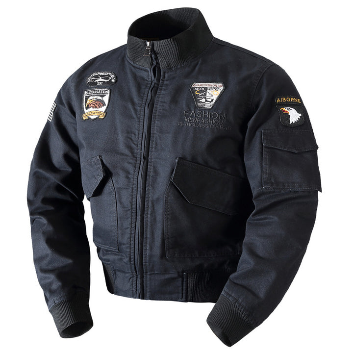 Men's Canvas Pilot Blouson in Military Look with Stand-Up Collar, Utility Pockets, and Patch Applications Mune Fashion