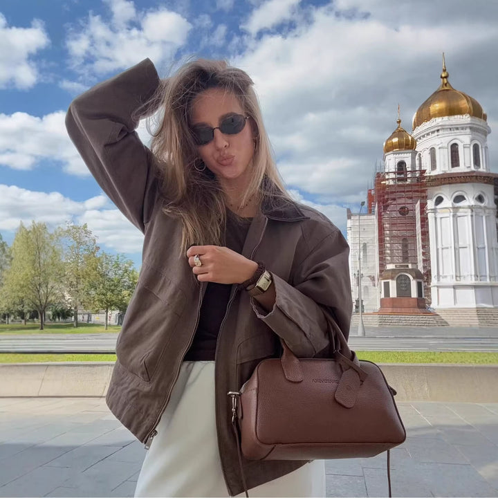 Women Structured Leather Handbag with Top Handle and Removable Shoulder Strap Mune Fashion