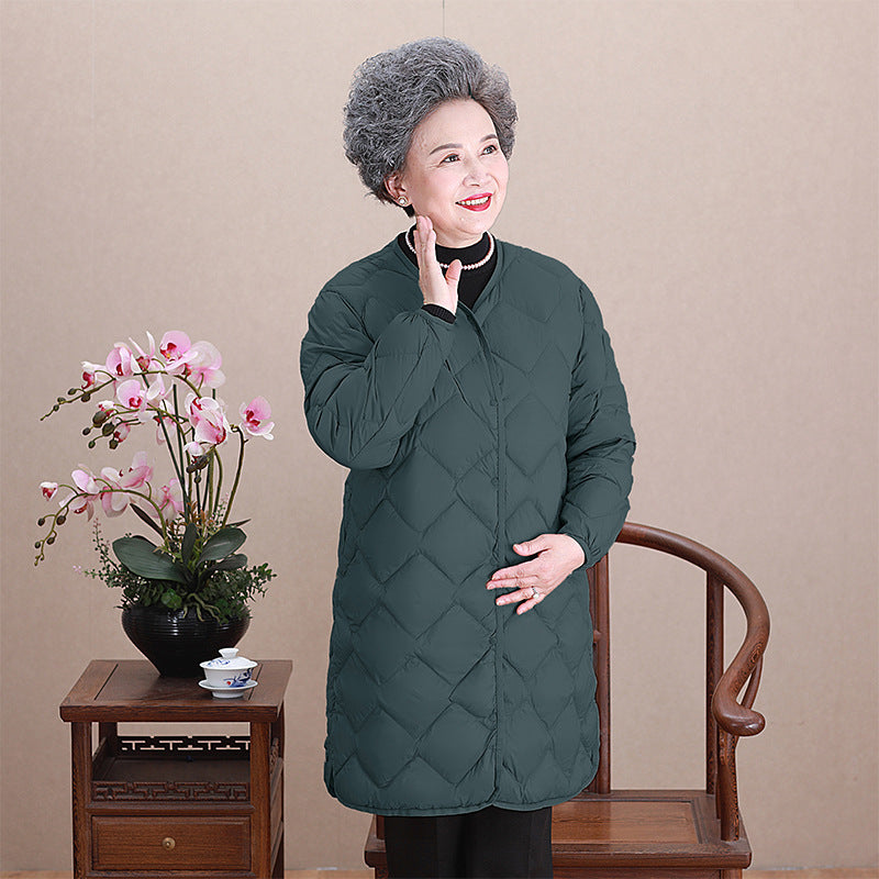 Women’s collarless long quilted thermal coat with diamond quilting Mune Fashion