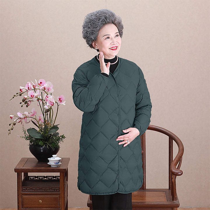 Women’s collarless long quilted thermal coat with diamond quilting Mune Fashion
