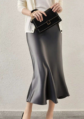 Women's Flowing Satin Midi Skirt with Bias Cut and Trumpet Hem Mune Fashion