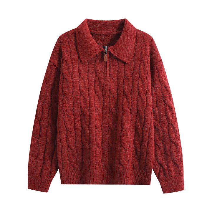 Women's chunky knit turtleneck sweater with half zipper & oversized collar Mune Fashion