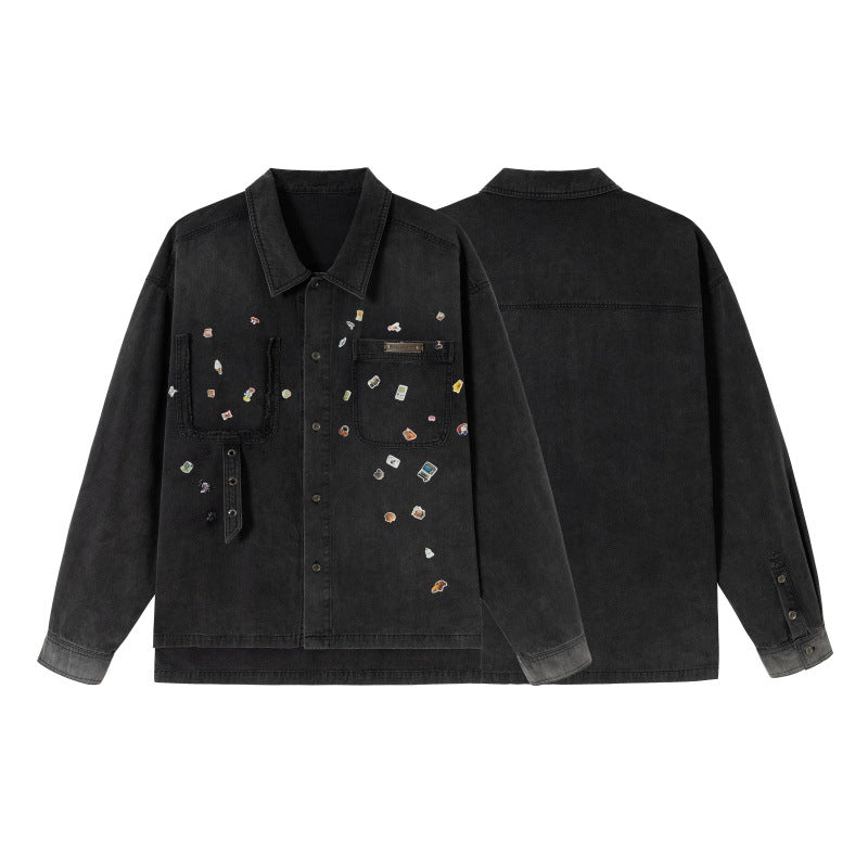 Men's overshirt made of denim with applied pin patches and used details Mune Fashion