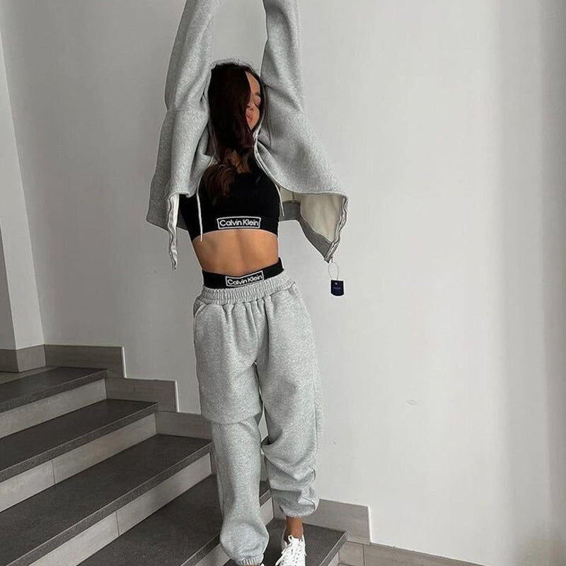 Women Cropped Zip Hoodie with Elastic High-Waist Jogging Pants Mune Fashion
