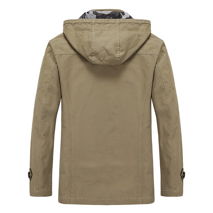 Men's canvas hooded parka with camouflage lining, utility pockets, and hidden zipper placket Mune Fashion