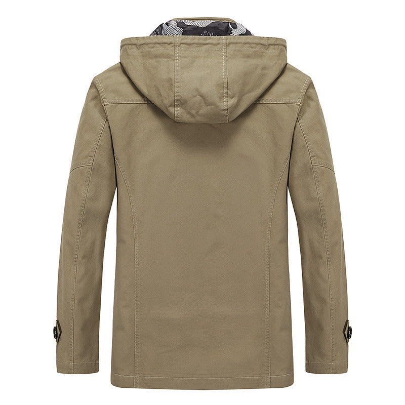 Men's canvas hooded parka with camouflage lining, utility pockets, and hidden zipper placket Mune Fashion