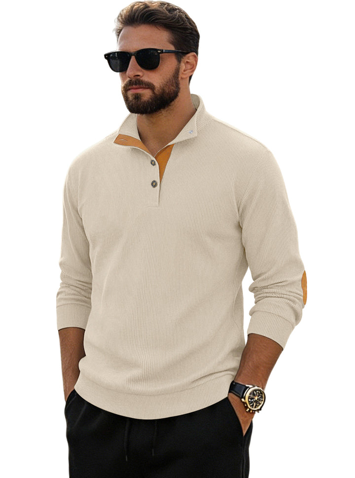 Men's fine ribbed knitted pullover with polo collar button placket and elbow patch Mune Fashion
