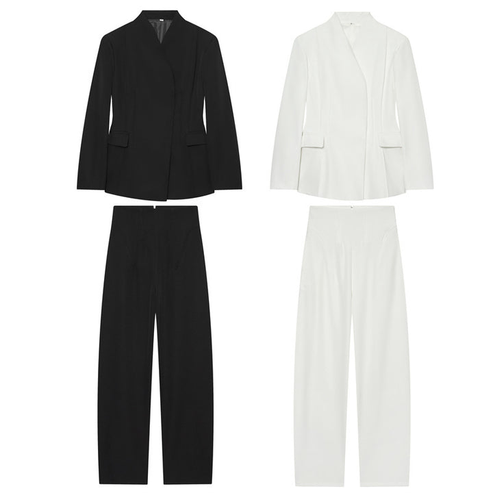 Women Tailored Collarless Blazer with Patch Pockets and Fine Dart Seam Mune Fashion