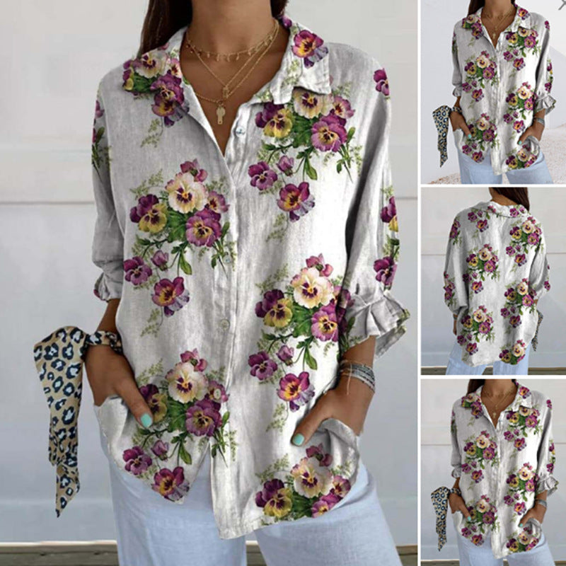 Women's lightweight linen-look shirt blouse with floral pattern, loose fit, roll-up sleeves, and patch pockets Mune Fashion
