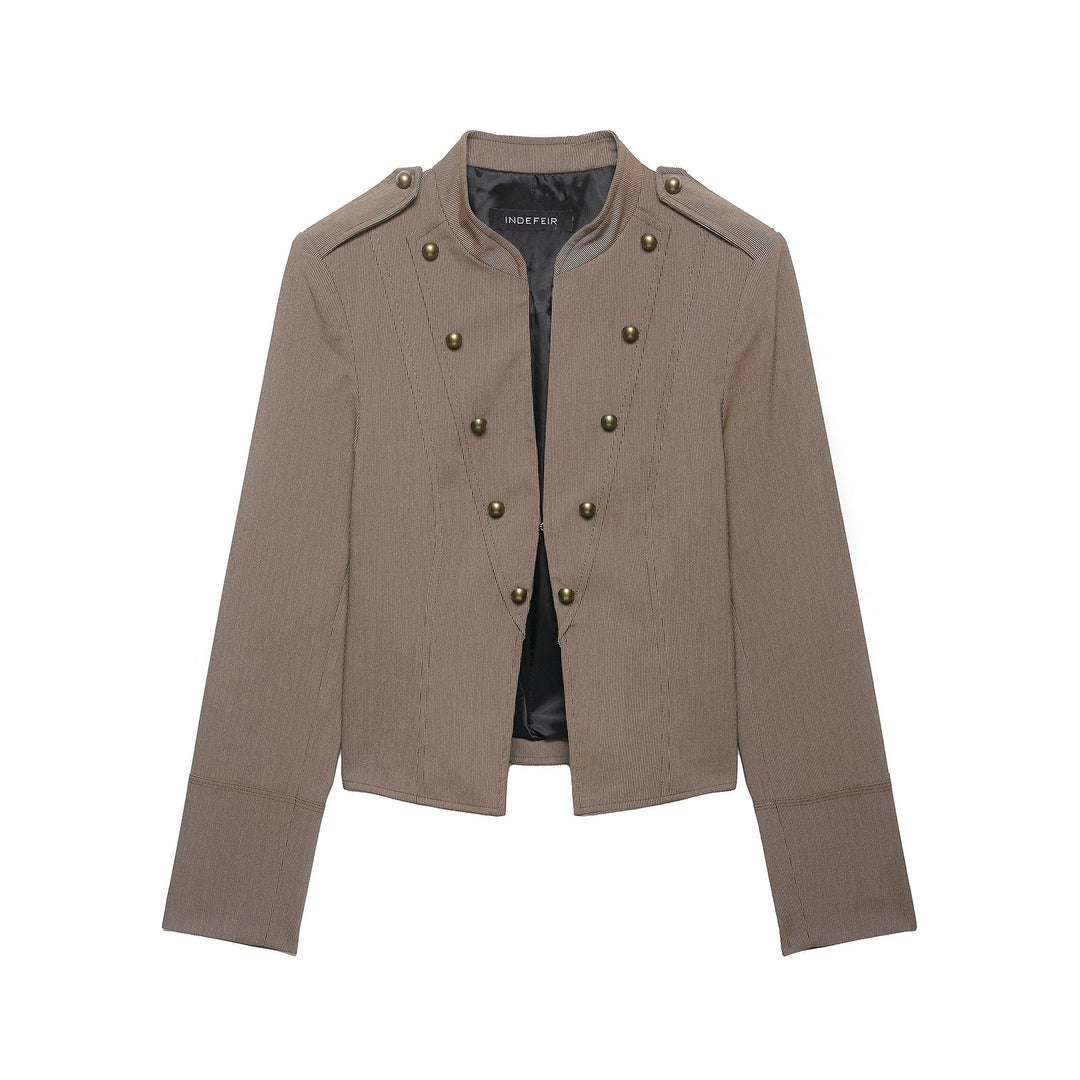 Women short blazer in field jacket style with stand-up collar, decorative button rows and shoulder epaulettes Mune Fashion