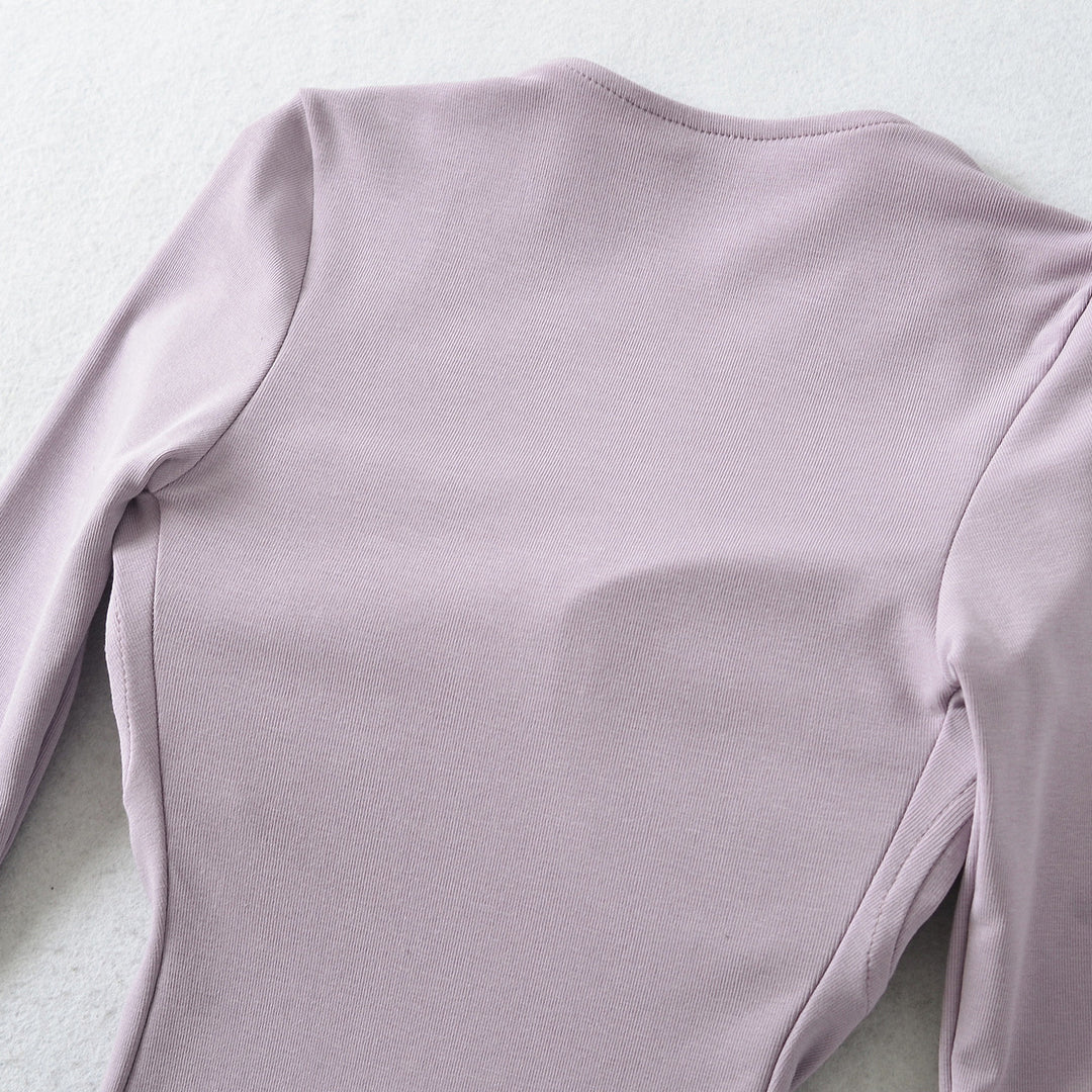 Ladies fitted midi dress with sewn-in cups, wide square neckline and gathering around