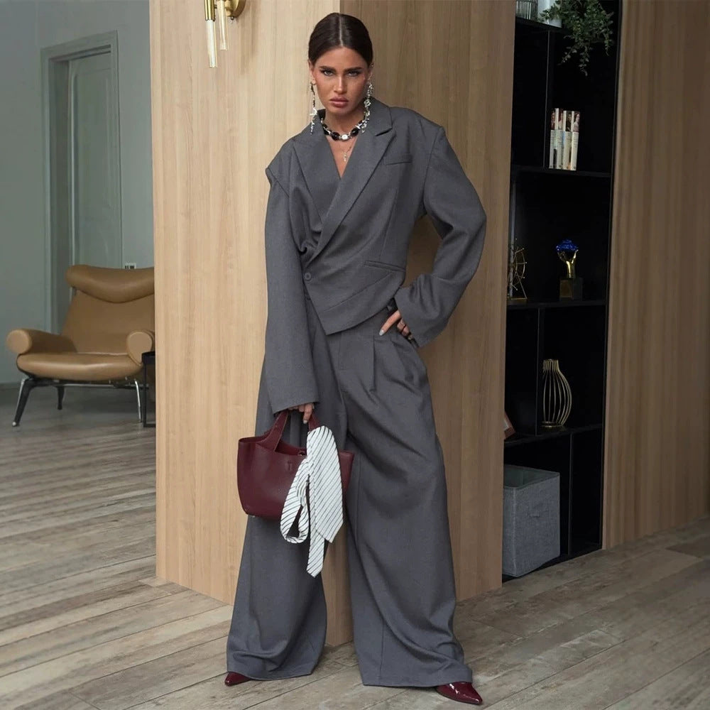 Women Oversized Blazer Set with Tailored Peplum and Pleated Midi Skirt Mune Fashion