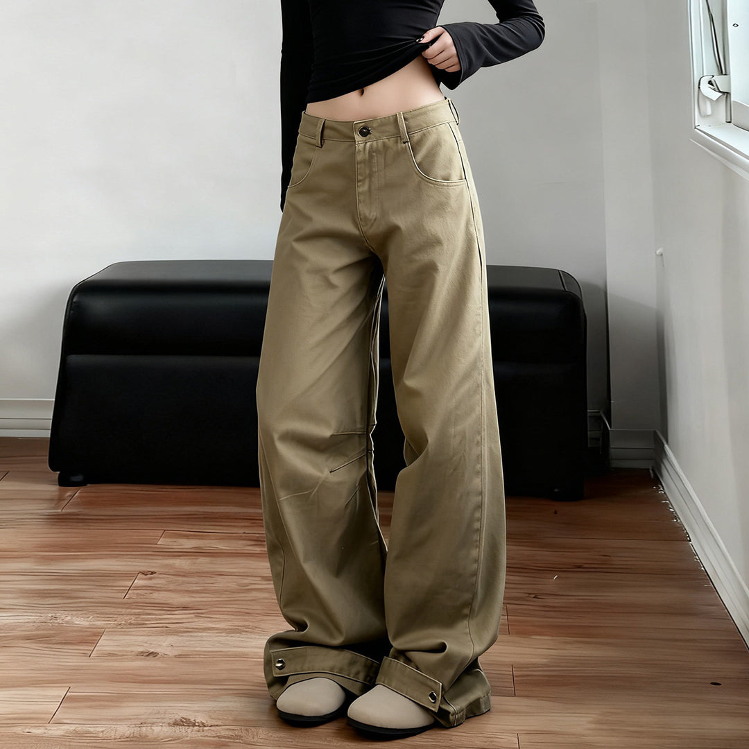 Women's Wide High-Waist Flared Pants with Adjustable Button Cuffs and Knee Darts Mune Fashion