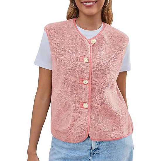 Women's Teddy Fleece Vest with Round Neckline and Button Closure Mune Fashion