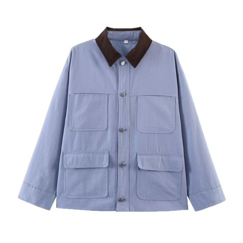 Women's Overshirt Jacket with Contrast Collar and Four Patch Pockets Mune Fashion