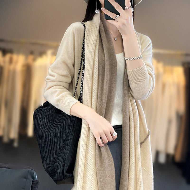 Women Long Open Cardigan in Cashmere-Look with Shawl Collar and Inset Pockets Mune Fashion