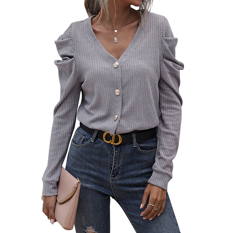 Ladies fine knit cardigan with V-neck, ribbed structure and gathered shoulder sections Mune Fashion