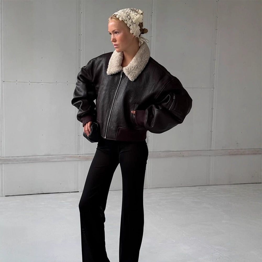 Ladies Oversized Pilot Jacket in Biker Bomber Style with Teddy Collar Mune Fashion