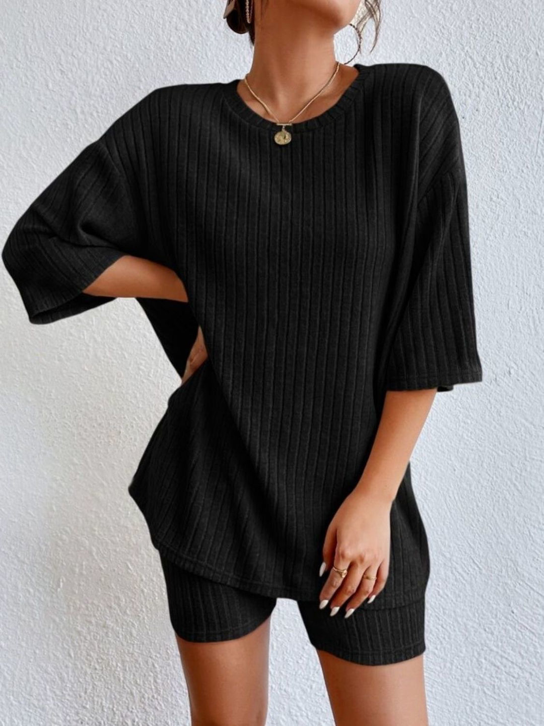 Women’s Casual Ribbed Knit Lounge Set with Oversized Short Sleeve Top and High Waist Biker Shorts Mune Fashion