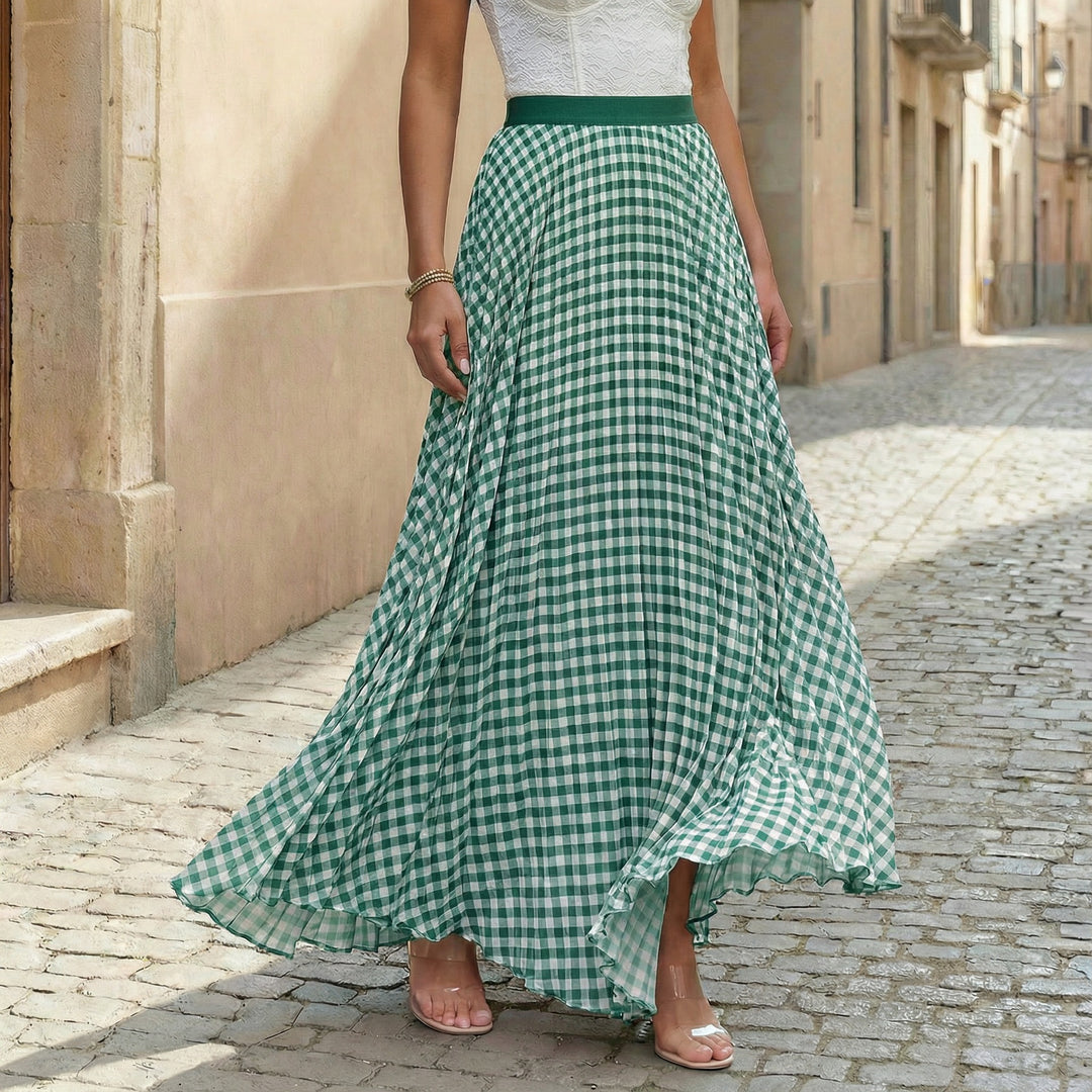 Ladies pleated maxi skirt with Vichy check, high waistband and ruffle trim Mune Fashion