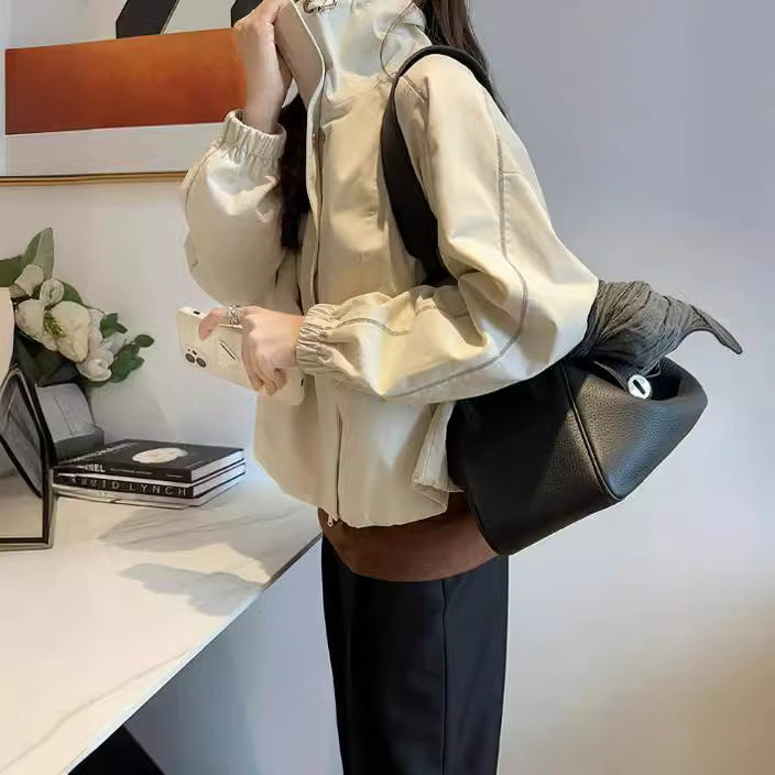 Women's Fashion Transitional Jacket with High Collar and Snap Button Closures Mune Fashion