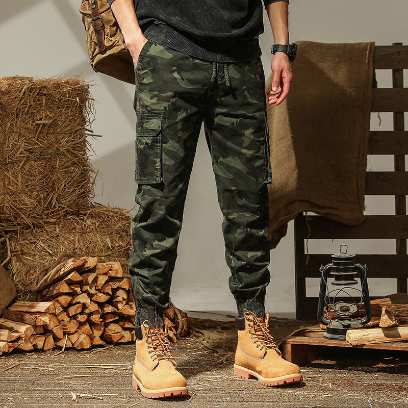 Men's camouflage utility style cargo pants with elastic hem and multiple pockets Mune Fashion