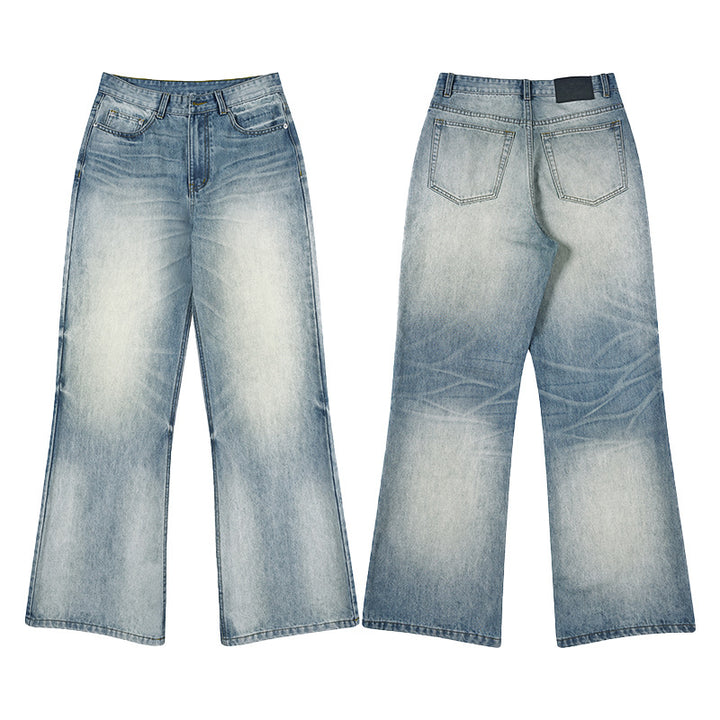 Men's Low-Rise Flowing Denim Flared Pants with Extended Hem and Used Finish Mune Fashion