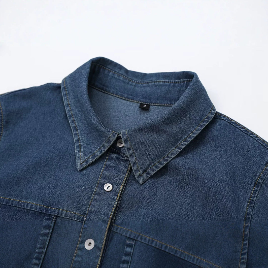 Women's Short Sleeve Denim Shirt Dress with Full Button Placket and Chest Flap Pockets Mune Fashion