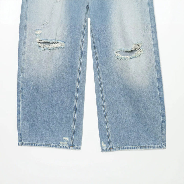 Women High-Cut Wide Denim Jeans with Destroyed Details and Drawstring Mune Fashion