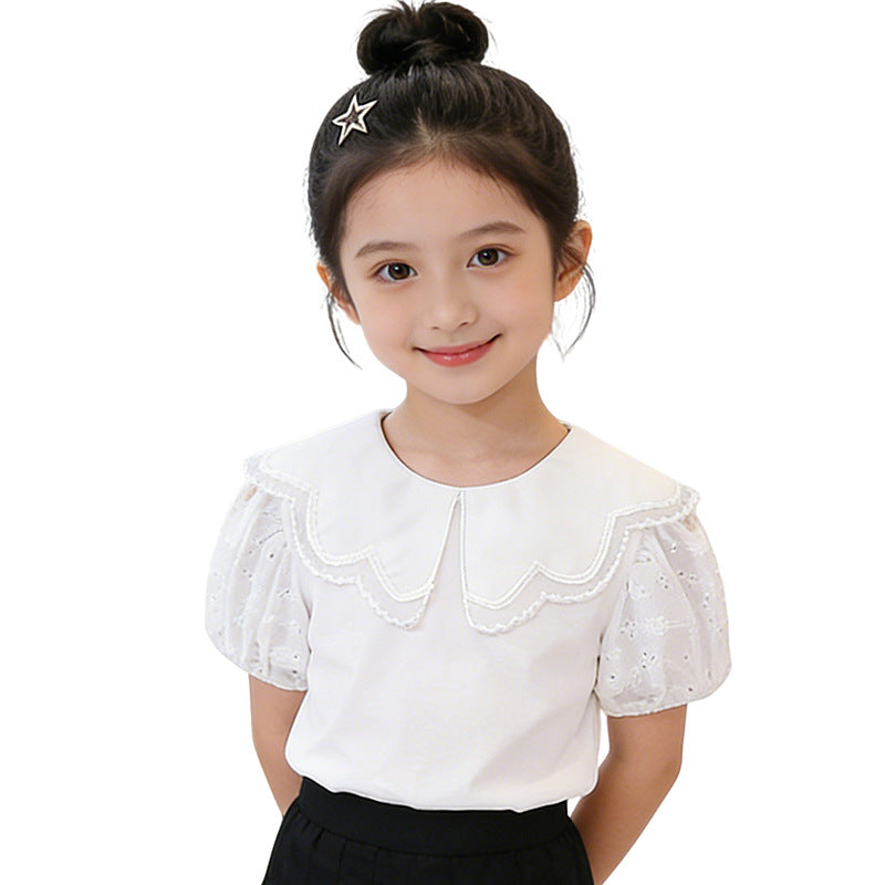 Girls fashionable T-shirt with embroidered collar and puff sleeves Mune Fashion
