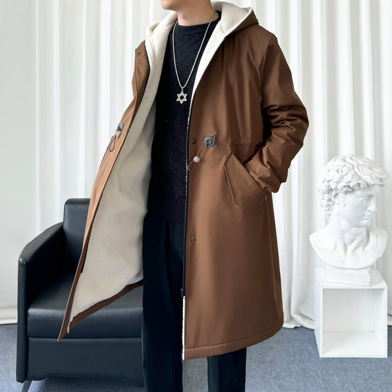 Men's longer water-repellent hooded coat with drawstring, concealed zipper, and flap pockets Mune Fashion