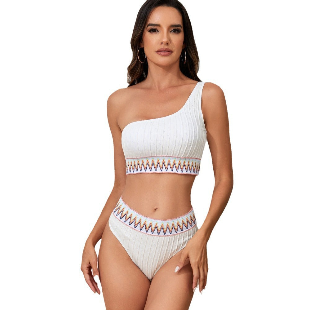 Women One-Sided Crop Bikini with Colorful Jacquard Ribbon Mune Fashion