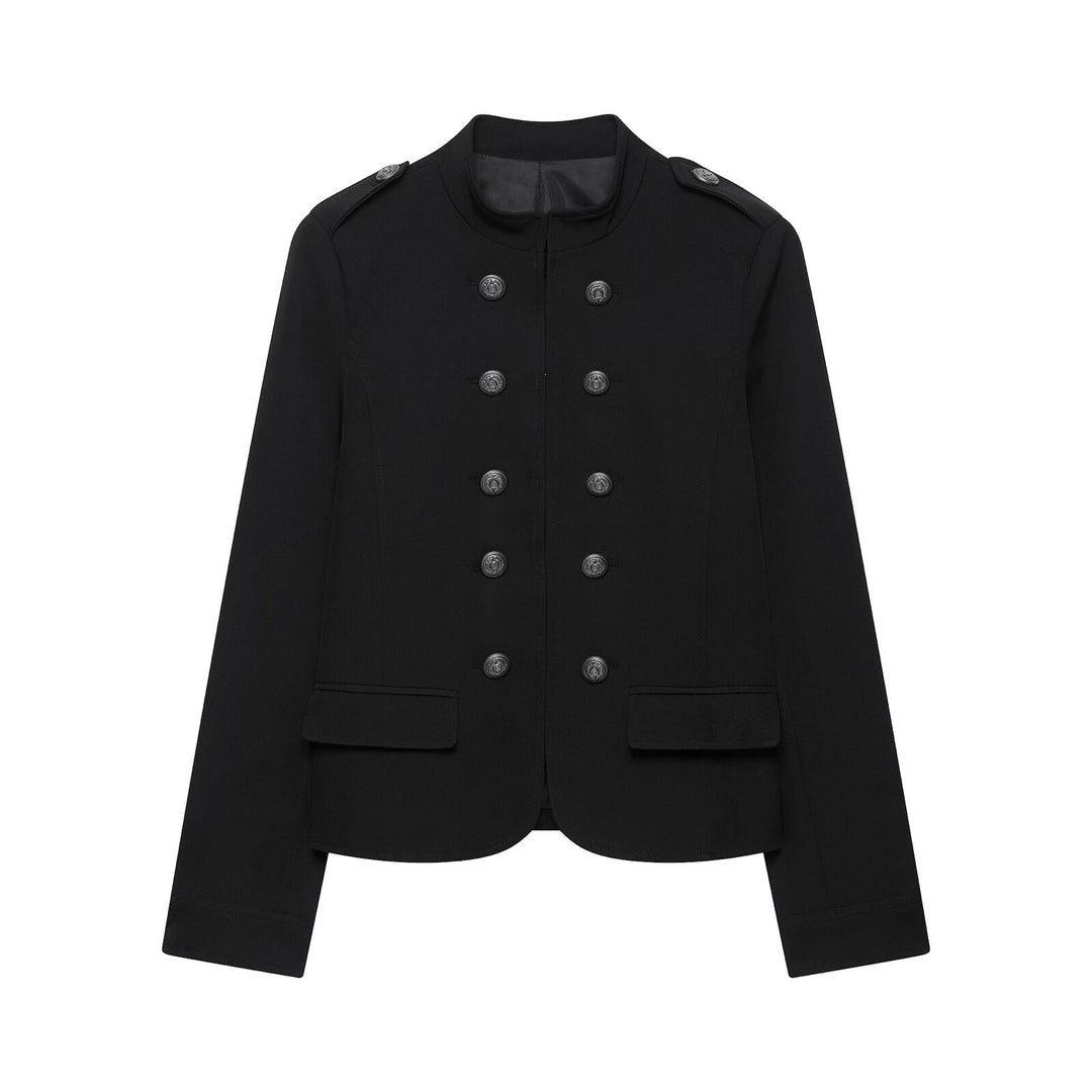 Women Double-Breasted Military Jacket with Stand-Up Collar Mune Fashion