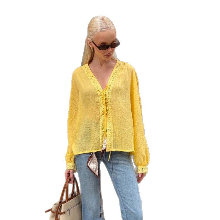 Women's Light V-Neck Lace Blouse with Tie, Pearl Detail & Volume Sleeves Mune Fashion