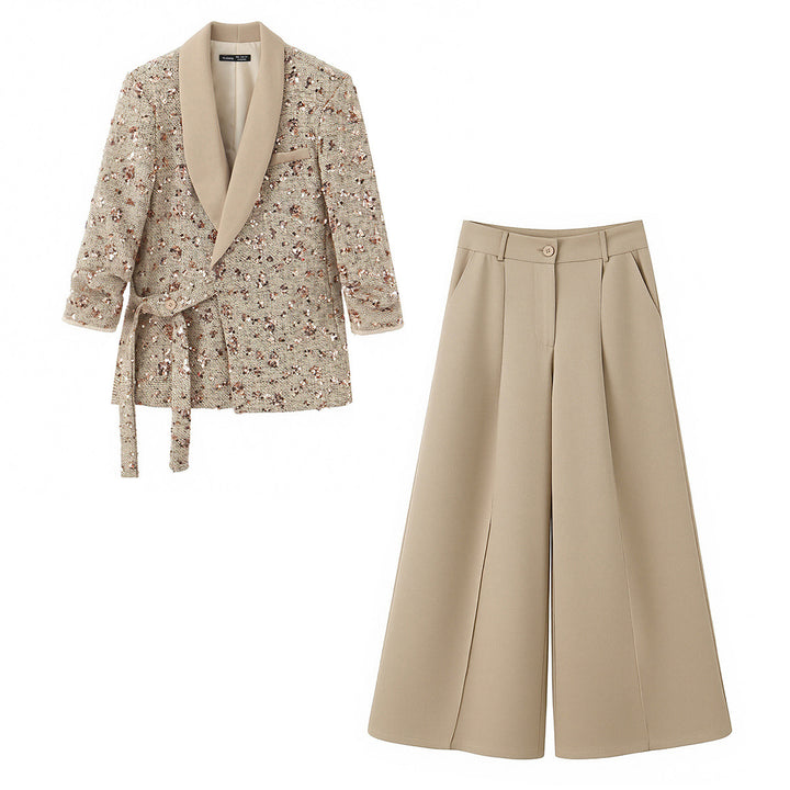 Women's Tweed Blazer with Shawl Collar, Tie Belt and Wide Palazzo Pants Set Mune Fashion