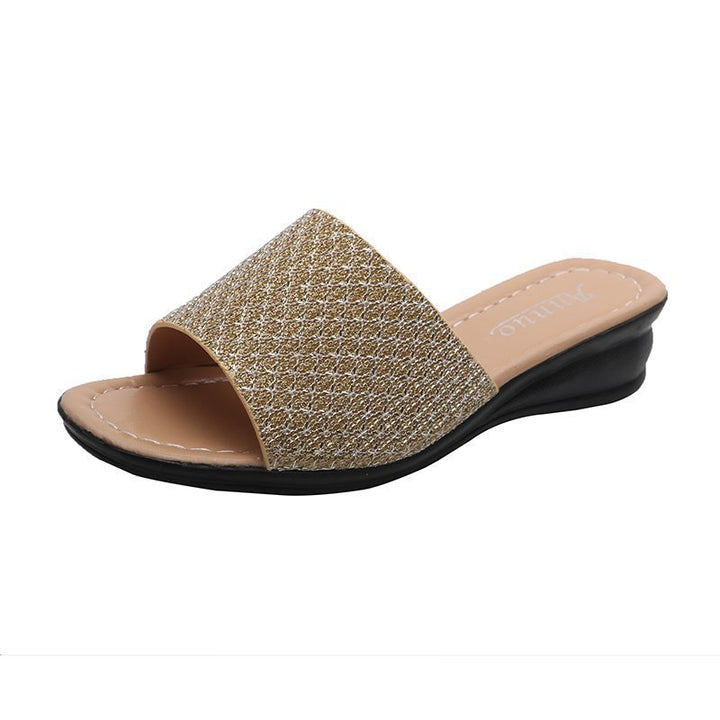 Women's glitter slide sandals with wide strap front, open toe area, cushioned comfort footbed, and lightweight wedge heel Mune Fashion