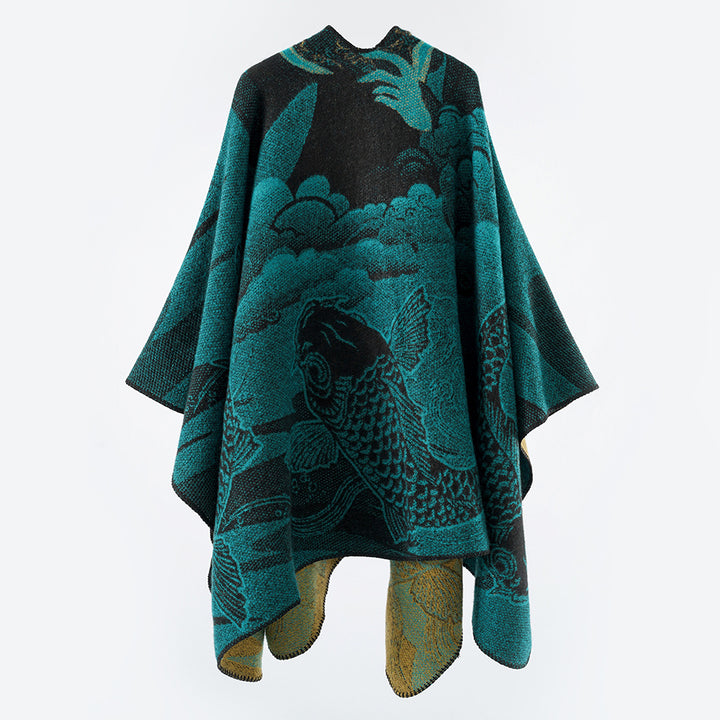Women Jacquard Poncho with Fish Motif and Open Oversize Cut Mune Fashion
