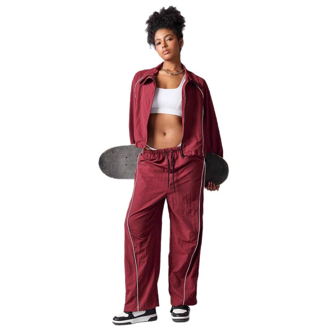 Women's Sportive Cropped Windbreaker Set with Stand-up Collar, Drawstring and Reflective Piping Mune Fashion