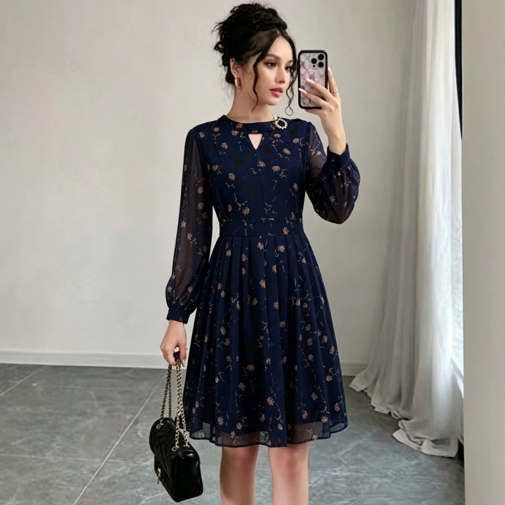 Women Chiffon Midi Dress with Pleated Skirt, Transparent Sleeves and Decorative Brooch Mune Fashion