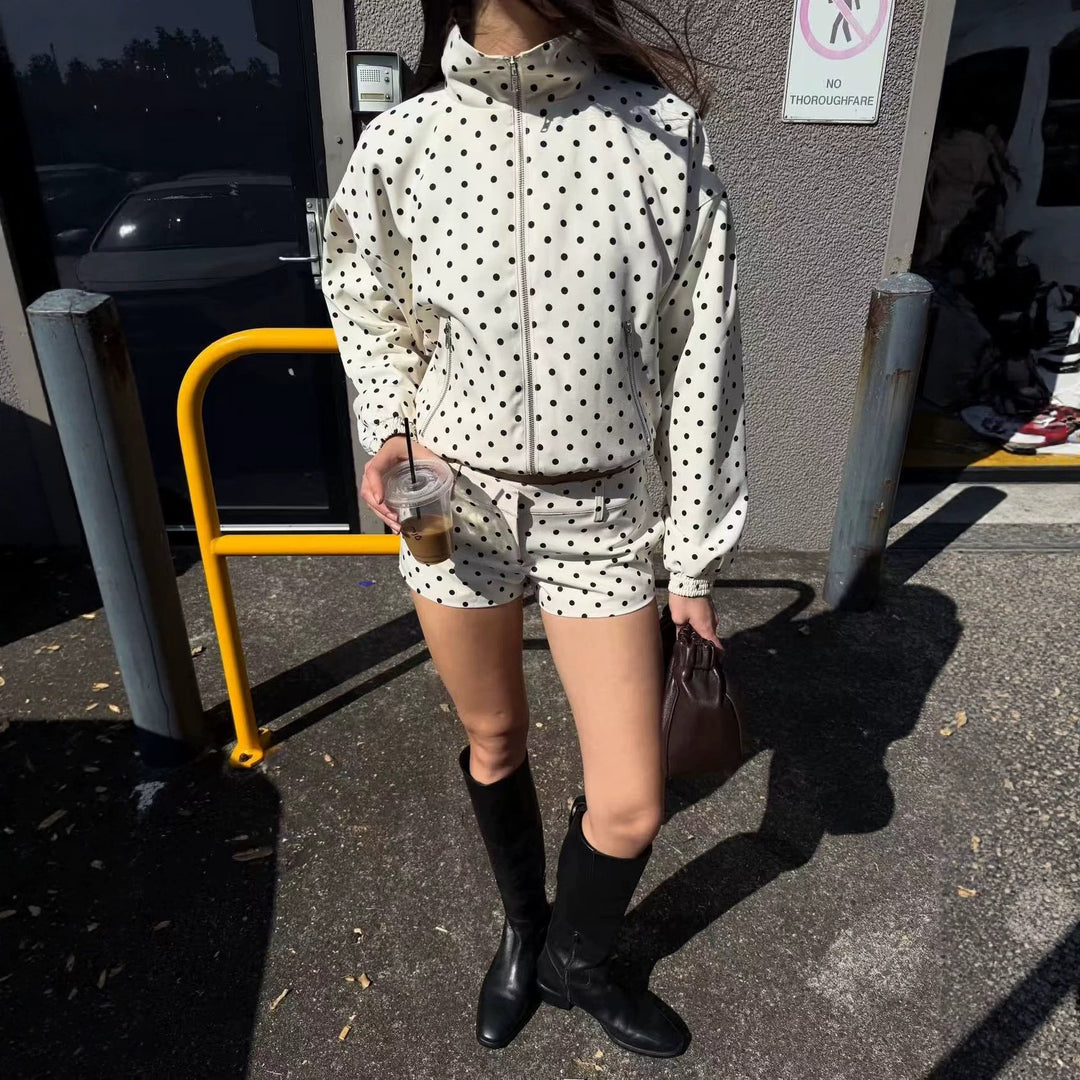 Women's Polka Dot Cropped Bomber Jacket with Stand-Up Collar, Elastic Hem and Asymmetrical Zipper Pockets Mune Fashion