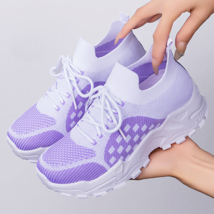 Women’s lightweight knit chunky sneakers with sock-like shaft, padded heel support, and grippy trail outsole Mune Fashion