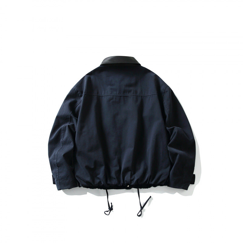 Men's Boxy Utility Jacket with Faux Leather Collar, Drawstring and Snap Cuffs Mune Fashion