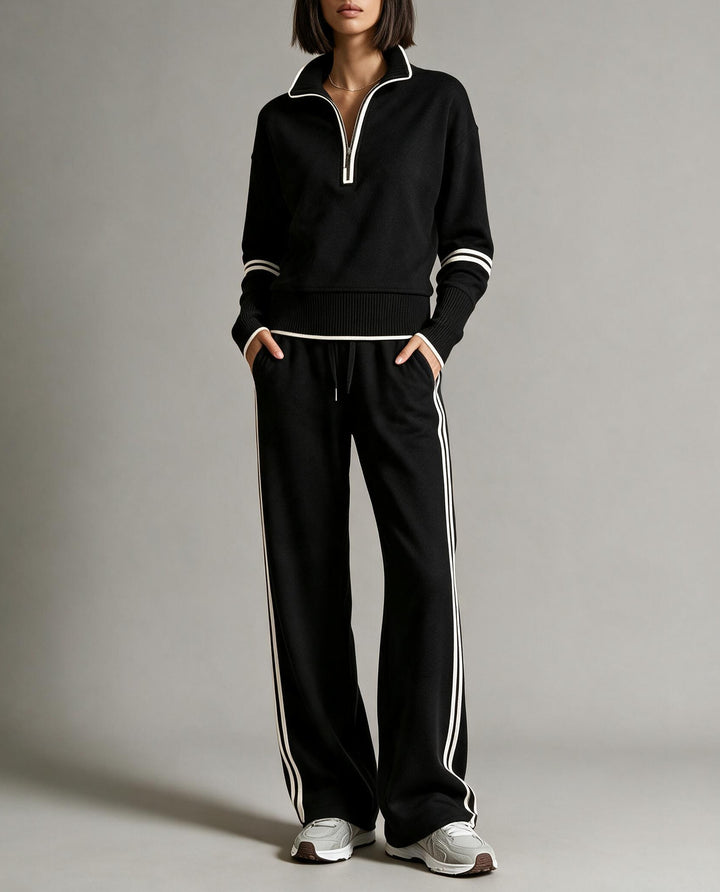Women's Comfortable Knit Jogging Set with Stand-Up Collar, Half Zipper and Contrast Stripes Mune Fashion
