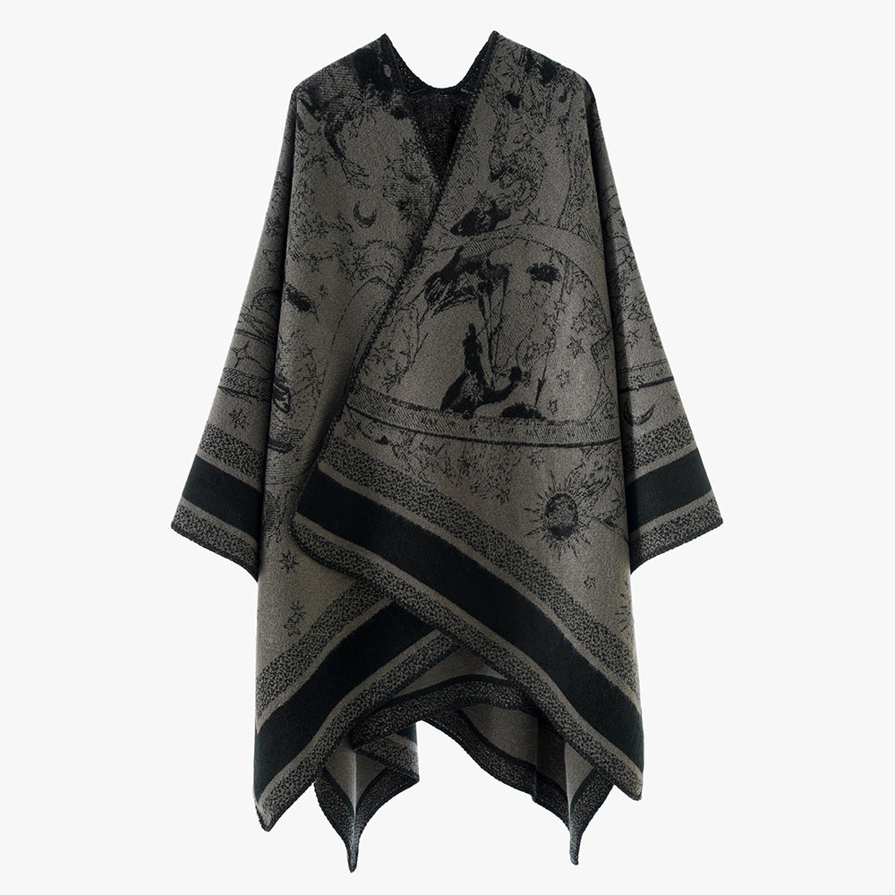 Women's Jacquard Cape Poncho with double-sided weave structure and V-neck Mune Fashion