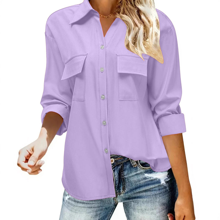 Women's Oversize Shirt Blouse with Flap Pockets, Continuous Button Placket and Turned-up Sleeves Mune Fashion