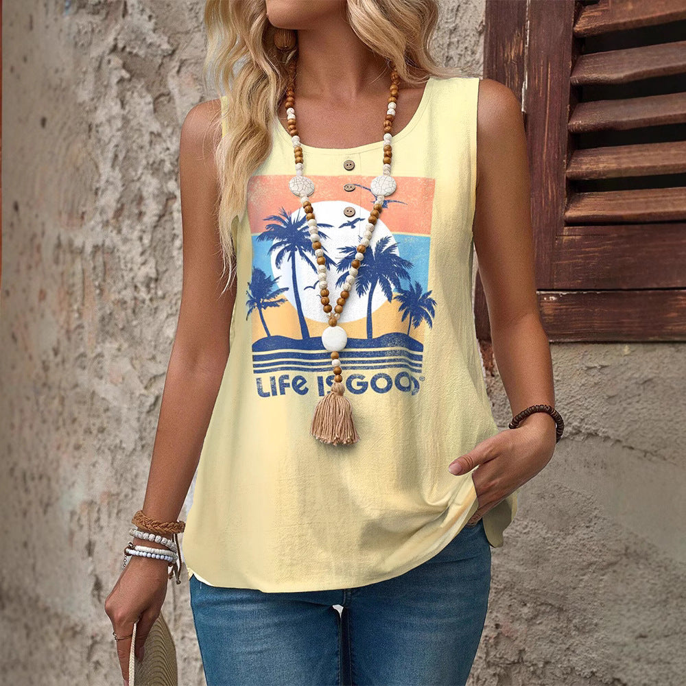 Women's sleeveless summer top with palm motif, decorative button placket and loose fit Mune Fashion